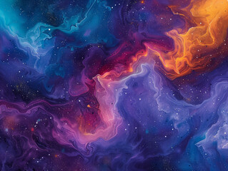 A colorful painting of a galaxy with a purple and orange swirl - obrazy, fototapety, plakaty