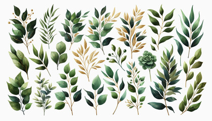 A watercolor floral illustration set featuring green and gold leaf branches, ideal for use in wedding stationary, greeting card, wallpapers, fashion
