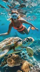 Woman snorkeling with a green sea turtle