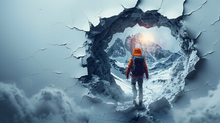 man standing front hole snow association matte time climb mountain path surrealism rise adventurer - obrazy, fototapety, plakaty