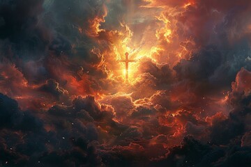 Golgotha's emblem, cross against the convergence of light and cloud - obrazy, fototapety, plakaty