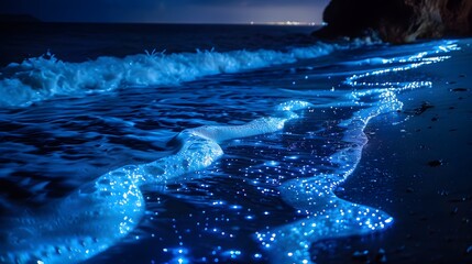 The blue waves of the sea in the dark night, bioluminescent fireflies glowing and shimmering with silver light, The waves beat against the rocks on the shore, an atmosphere full of mystery and tranqui