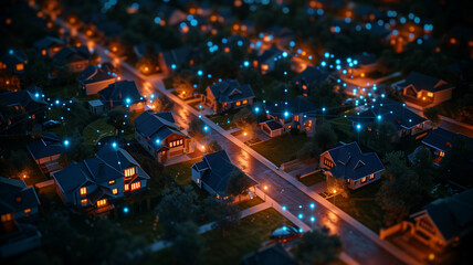 Naklejka premium A city street at night with houses lit up