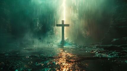Golgotha's cross stands resilient, amidst the dance of light and dark - obrazy, fototapety, plakaty