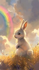 white rabbit sitting field background toon shading colored fur drooping rabbity ears bright anisotropic filtering - obrazy, fototapety, plakaty