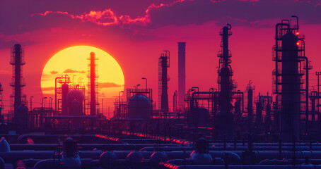 A sunset over a city skyline with many industrial buildings - obrazy, fototapety, plakaty