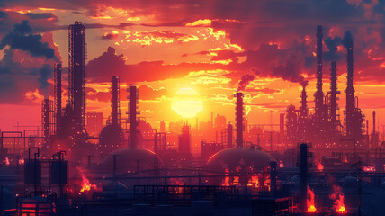 A city skyline with a large industrial area - obrazy, fototapety, plakaty