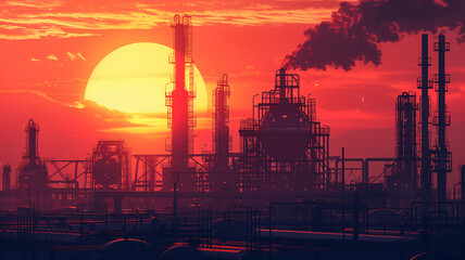 Obraz premium A sunset over a large industrial complex with smoke coming out of the top