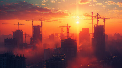 Obraz premium A city skyline with a large sun in the sky