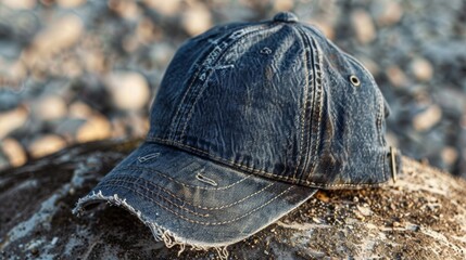 Blank mockup of a distressed denim baseball cap with a frayed brim and buckle closure. . - obrazy, fototapety, plakaty