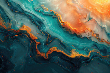A closeup of an abstract marble pattern, where swirls and patterns in blue, orange, white, and gold create the illusion that liquid metal is flowing through it. Created with Ai