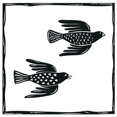 Couple of hand-drawn abstract birds. Woodcut in Brazilian cordel style. Vector illustration