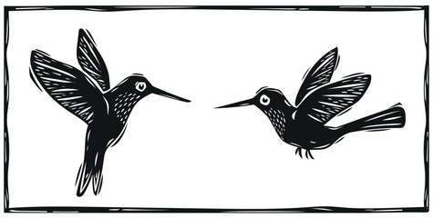 Hummingbird (colibri) couple hand-drawn in the woodcut style of the northeastern cordel. Vector illustration.eps