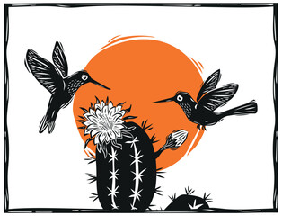 Hummingbirds on a cactus flower (Mandacar?). Woodcut in the northeastern cordel style. Vector illustration.eps