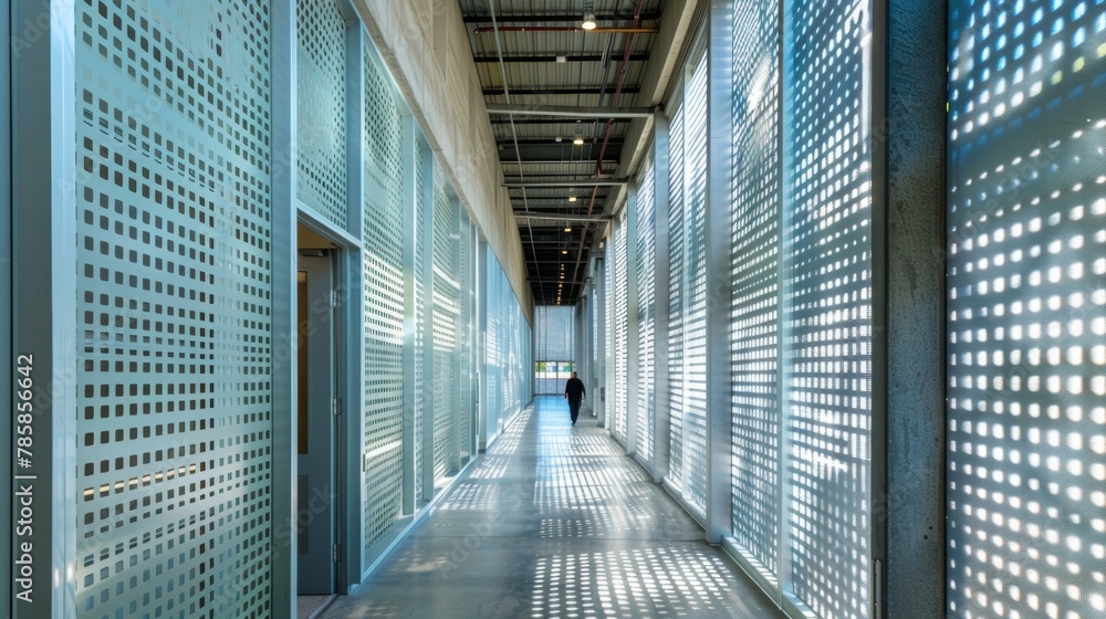 Poster walking through a narrow corridor visitors are surrounded by high walls adorned with large panels of