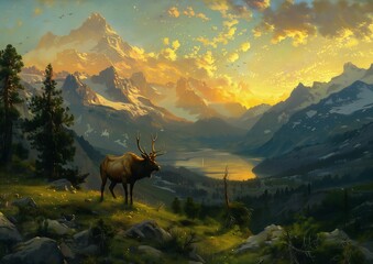 deer mountain landscape lake mountains background album trance color mage tower far away bright volumetric sunlight hunting bisons sunrise expansive view - obrazy, fototapety, plakaty