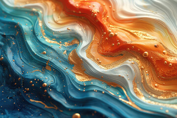 Abstract background with swirling patterns in blue, orange and gold colours, resembling marble or a fluid liquid. Created with Ai - obrazy, fototapety, plakaty