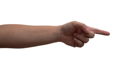 Male hand touching or pointing to something isolated on white background.