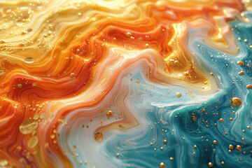 Abstract fluid marble pattern with orange, teal and gold colors in the style of various artists. Created with Ai - obrazy, fototapety, plakaty