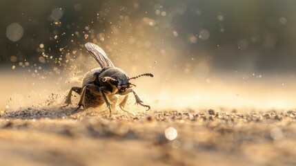 Macro image of a dung beetle rolling its prize - obrazy, fototapety, plakaty