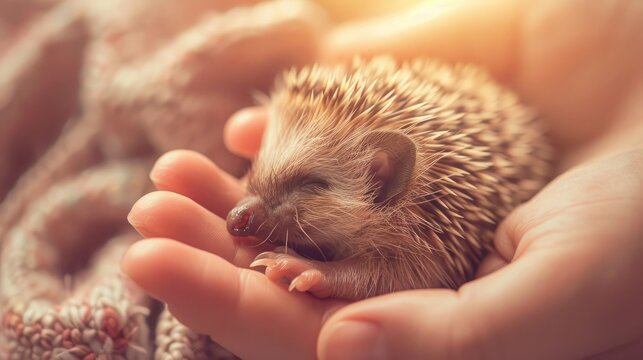 Macro shot of a baby hedgehog curled up