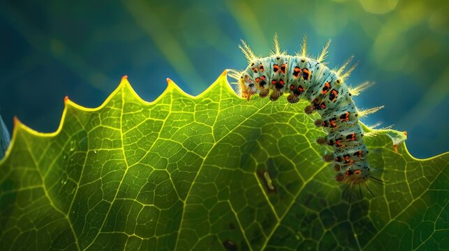 Macro photography of a caterpillar on a bright green leaf