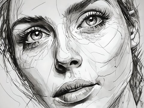 Beautiful Sketch Portrait of A Woman in Monochrome Style with Abstract Conceptual Drawing