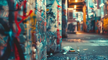 A hazy glimpse into a bustling artist community with layers of graffiti and paint splatters on the...