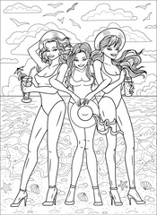 Coloring page with three young beautiful women with cocktail drinks and hat on vacation on beach against seascape. Summer background, travel concept, line art. 