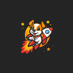 Dog riding rocket logo design vector illustration template