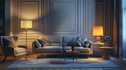 Interior of living room with cozy grey sofa, armchair and glowing lamps