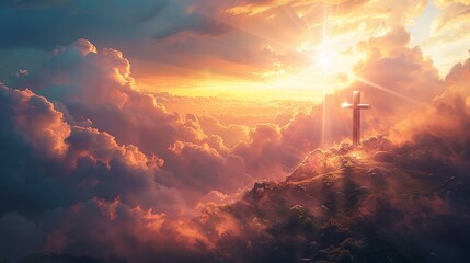 Cross overlooking creation, divine rays spotlighting the sacred