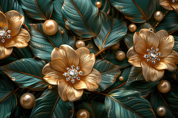 3d wallpaper with golden roses and leaves, background wall mural. Created with Ai