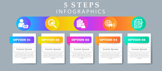 Steps infographics design layout template including icons of client, research, survey, marketing and result.  Creative presentation with 5 options concept.