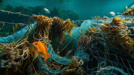 An underwater landscape filled with tangled fishing nets lost from careless disposal and posing a deadly threat to already dwindling populations of aquatic creatures affected by biofuel . - obrazy, fototapety, plakaty