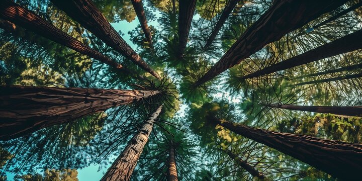 looking tall trees forest furry ratio young interconnections reclaimed lumber reaching sky bloom needles parks monuments