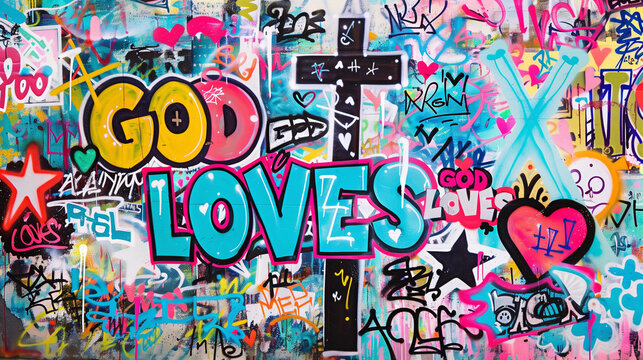 Spray painted graffiti wall positive quote GOD Loves graf paint artist tag rainbow colorful cross heart star city street art mural forgives faith jesus christ religion church word background painting 