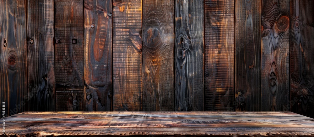 Poster a sturdy wooden table is set against a dark background, creating a stark contrast in colors and text