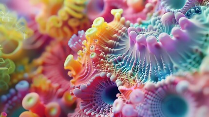 A colorful, abstract, and surreal image of a coral reef. The colors are vibrant and the shapes are irregular, giving the impression of a fantastical underwater world. The image is full of life