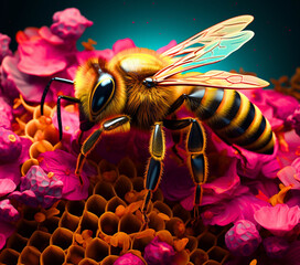 3D bee and honey - obrazy, fototapety, plakaty
