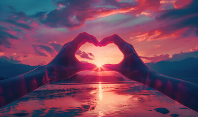 Heart shaped hands on a sunset romantic moment