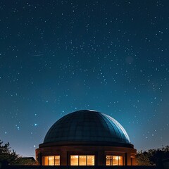 Obraz premium The night sky is full of stars. There is an observatory with a large dome.