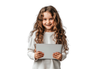 Smiling Child with Tablet on Transparent