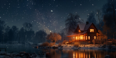 A cozy cabin by a tranquil lake shines warmly under a star-studded night sky, surrounded by a peaceful wintry landscape. - obrazy, fototapety, plakaty