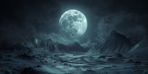 A full moon casts a glow over a desolate landscape of snow-covered mountains, creating a scene of nocturnal serenity.