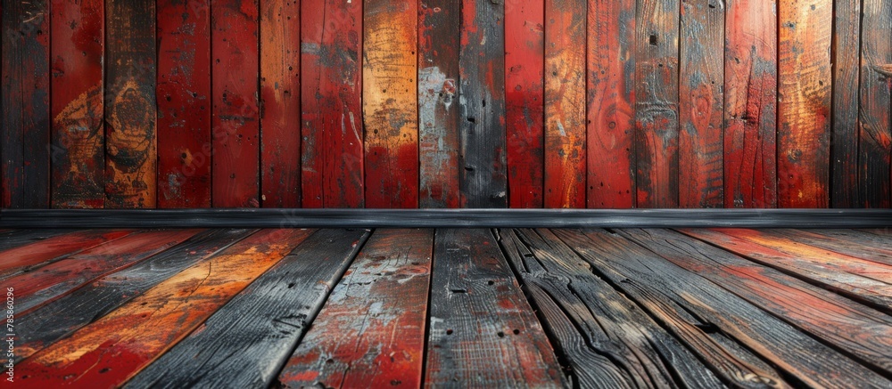Poster A wooden surface with a mixture of red and black paint creating an abstract pattern, adding a bold touch to the flooring