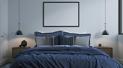 Frame mockup in modern home interior master bedroom background. Generative AI