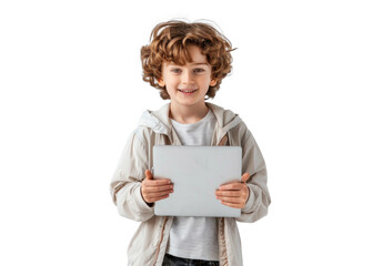 Fototapeta premium Smiling Child with Tablet on Transparent Background