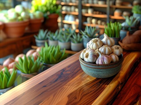 different types vegetables store visible wood grain heavy blur garlic background outdoor design full herbs flowers upscale pharmacy