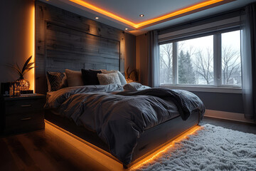 Room with bed, large window and led lights. Created with Ai